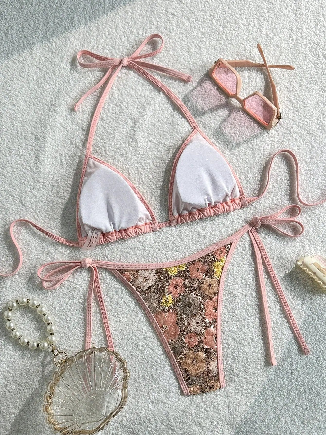 Sexy Pink Floral Sequin Bikini Set