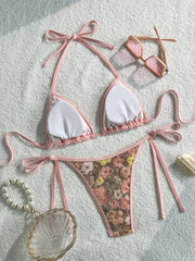 Sexy Pink Floral Sequin Bikini Set