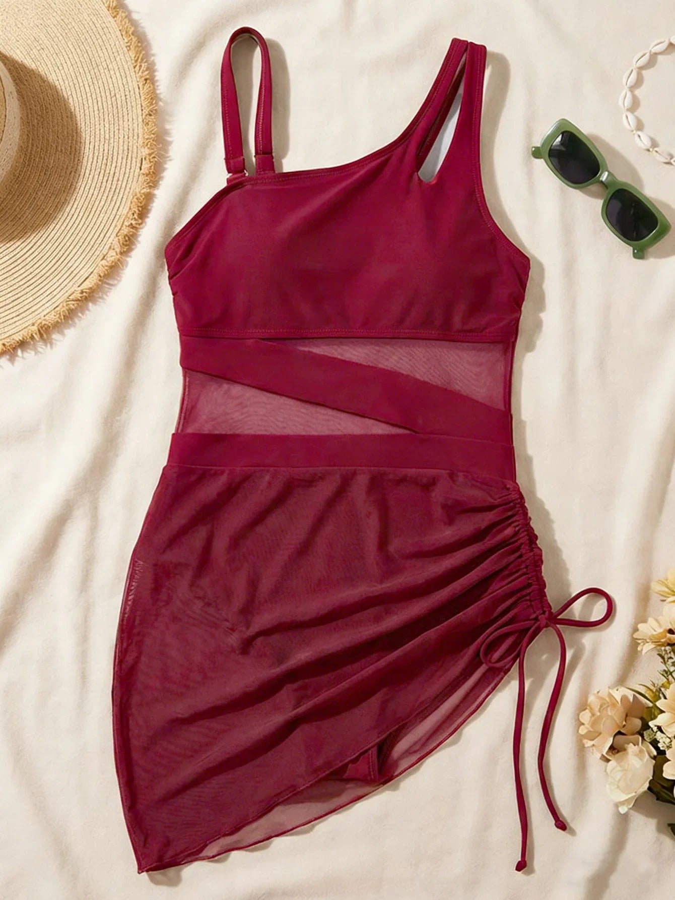Vintage Black Mesh Patchwork One Piece Swimsuit