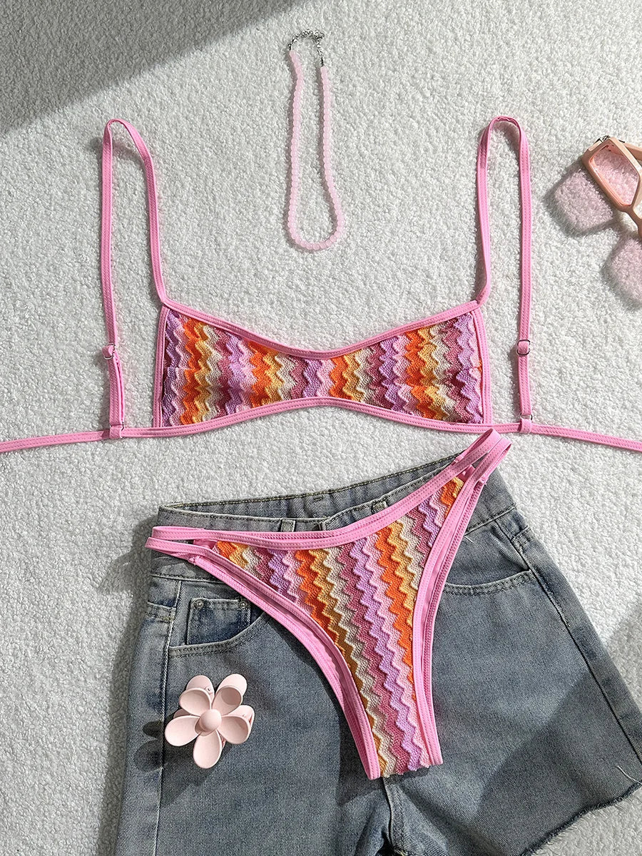 Crochet Striped High Leg Cut Brazilian Bikini