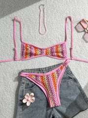 Crochet Striped High Leg Cut Brazilian Bikini