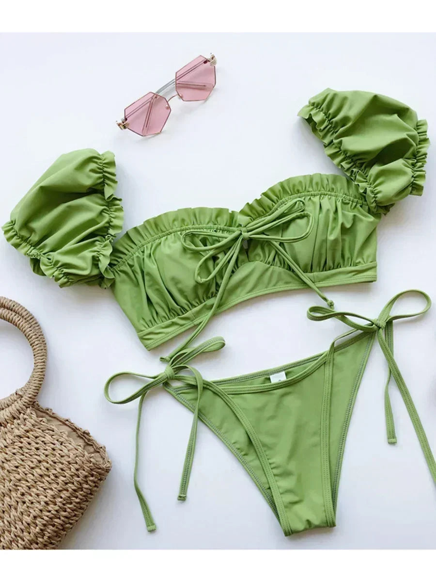 Pleated Ruffled Short Sleeve Bikini