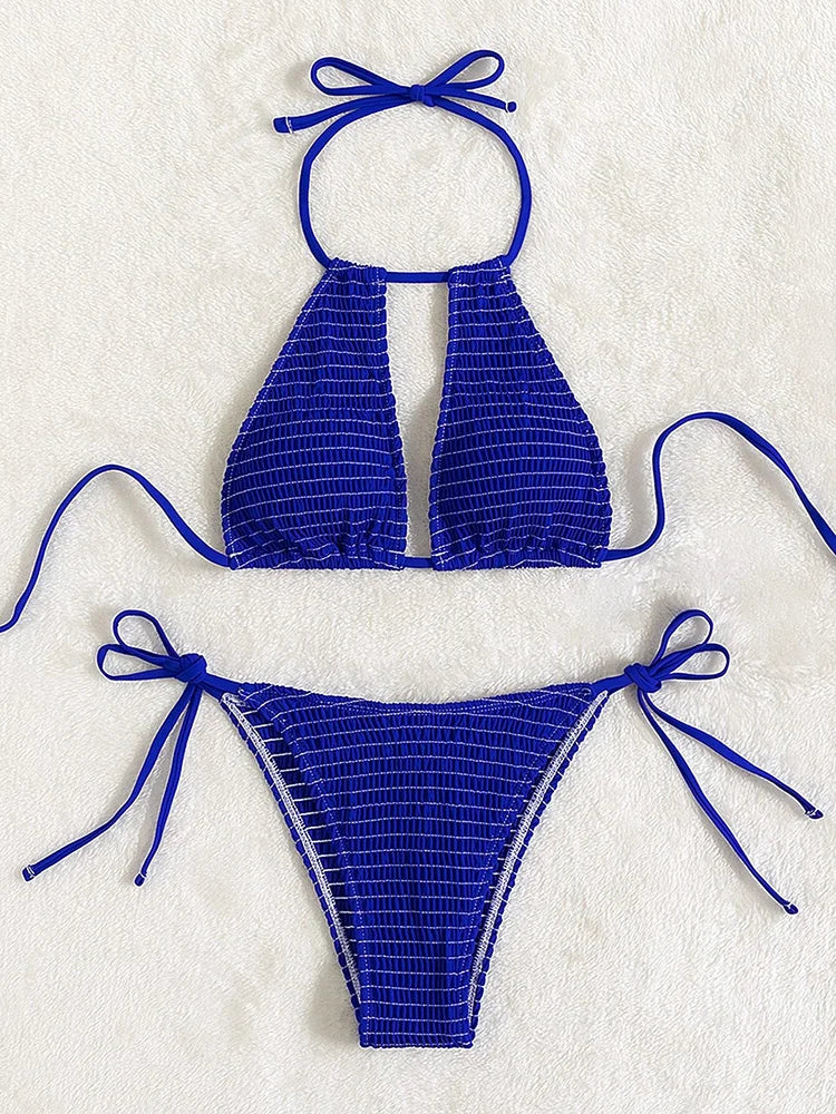 Halter Tie Side Hollow Out Smocked Bikini