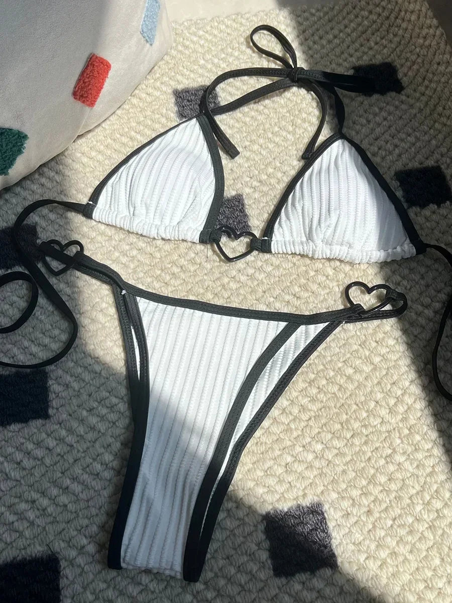 Sexy Ribbed Heart Shaped Halter Micro Bikini
