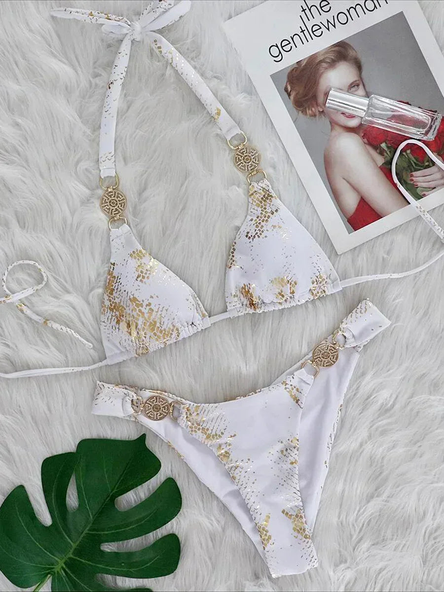 Snake Print Halter Diamond Bikini