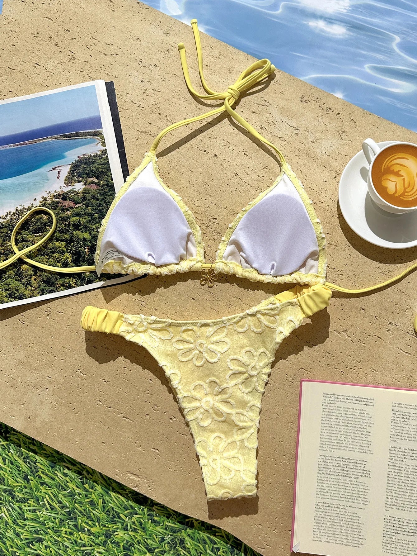 Sexy Yelllow 3D Flower Micro Bikini Set