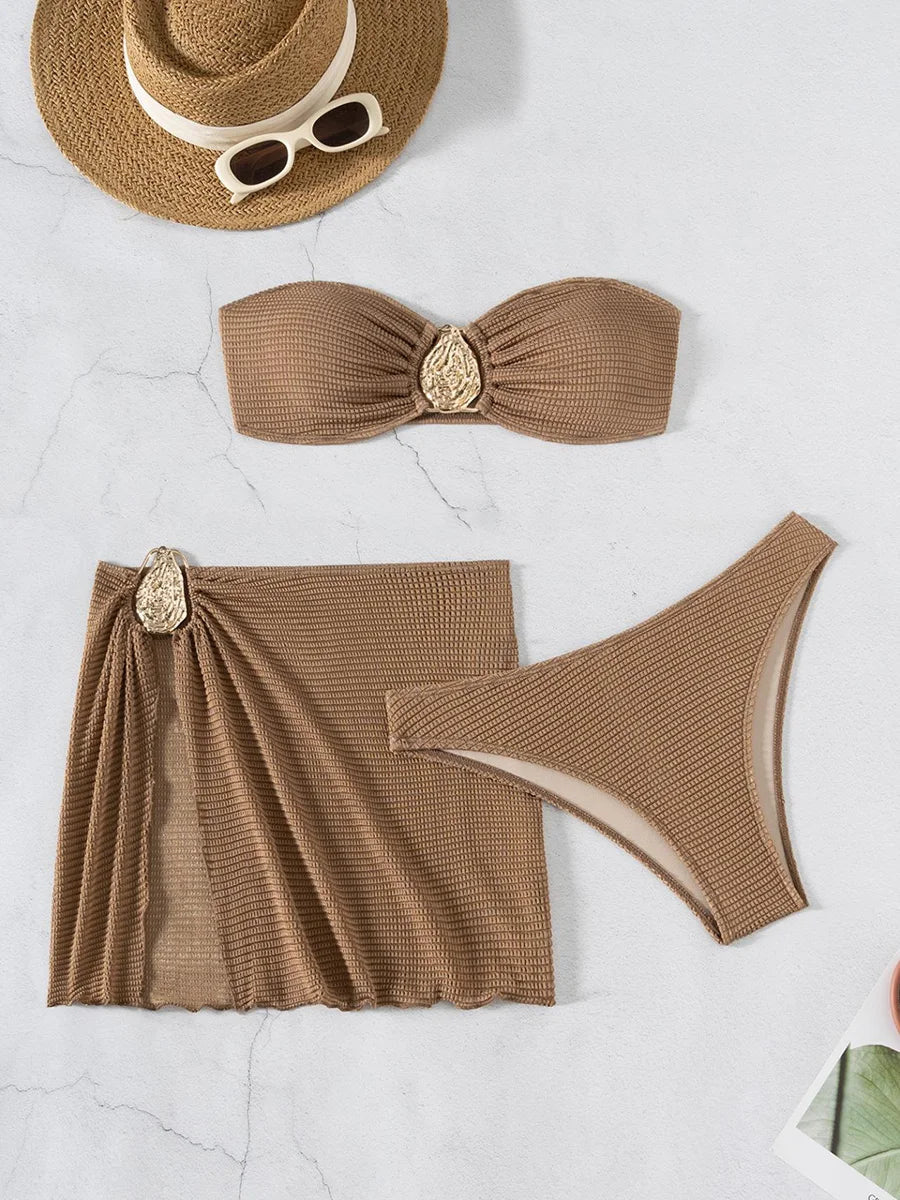 With Skirt Wrinkled Bandeau Bikini