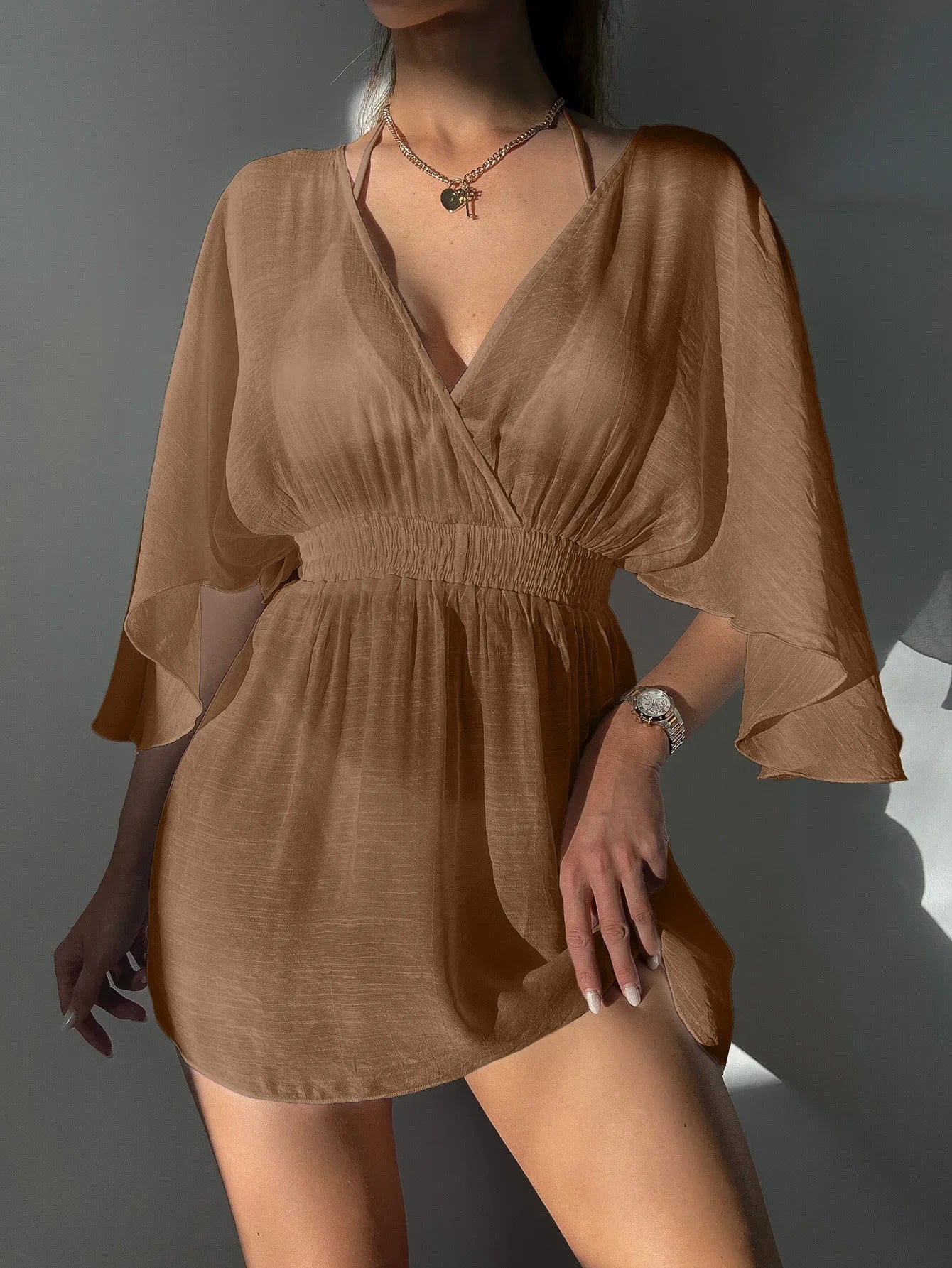 Women Sheer Mesh Cover Up Solid Black White Short Sleeve Beach Cover-Up Swimsuits