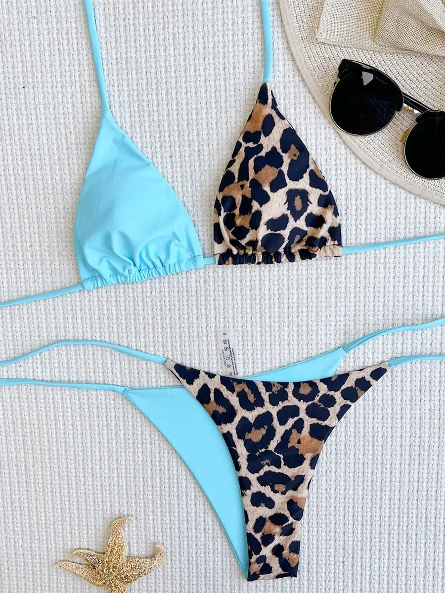 Halter Splicing Leopard Satin Bikini