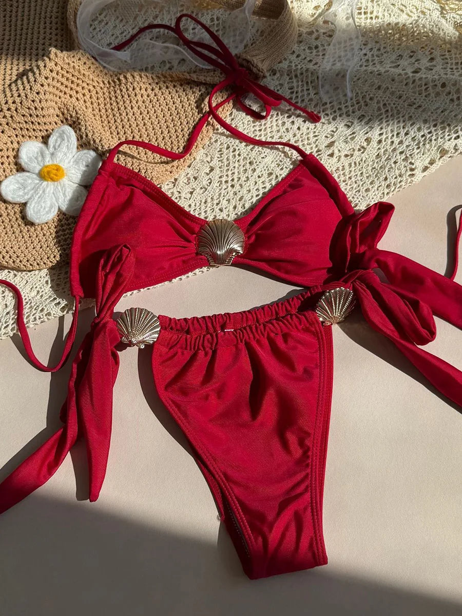 Metal Shell Halter Strappy High Cut Bikini
