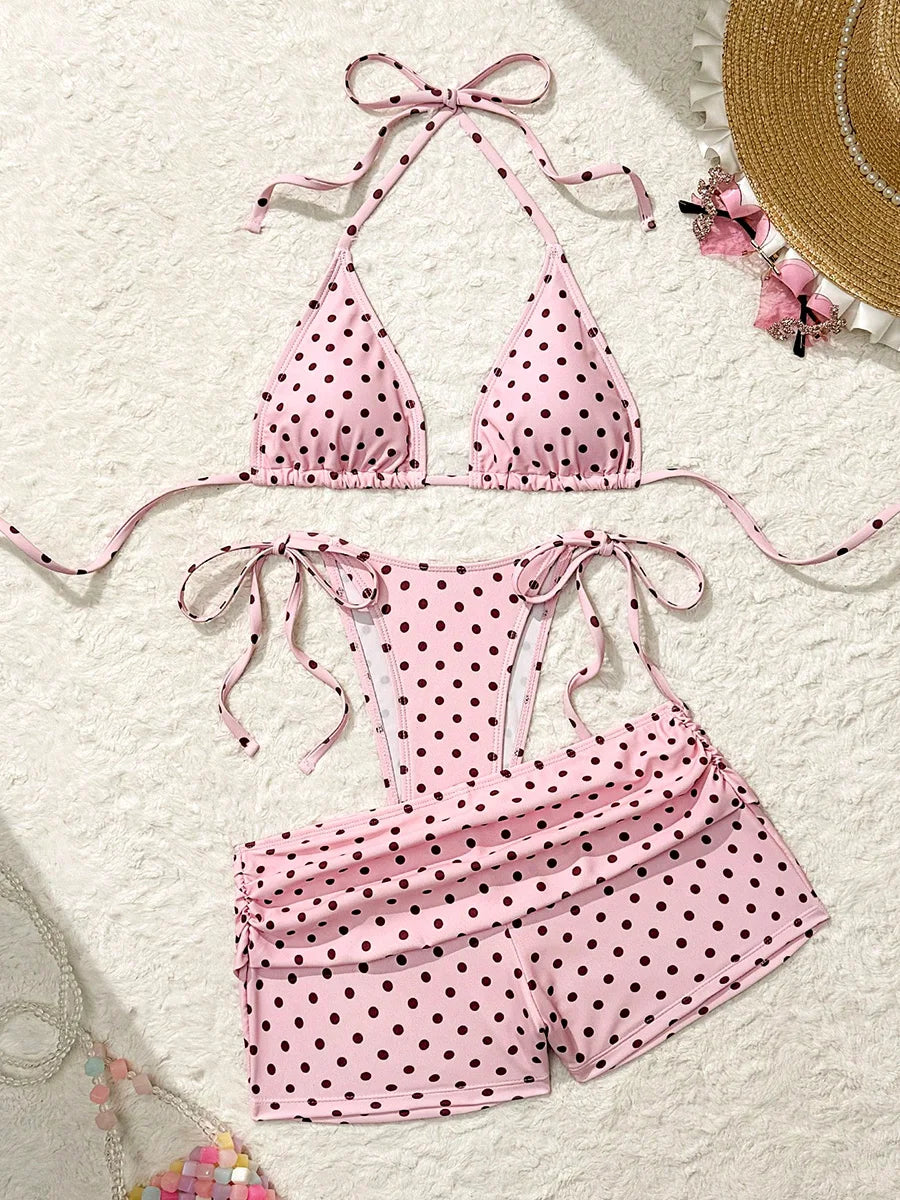 With Shorts Polka Dot Halter Mini Micro Thong Bikini