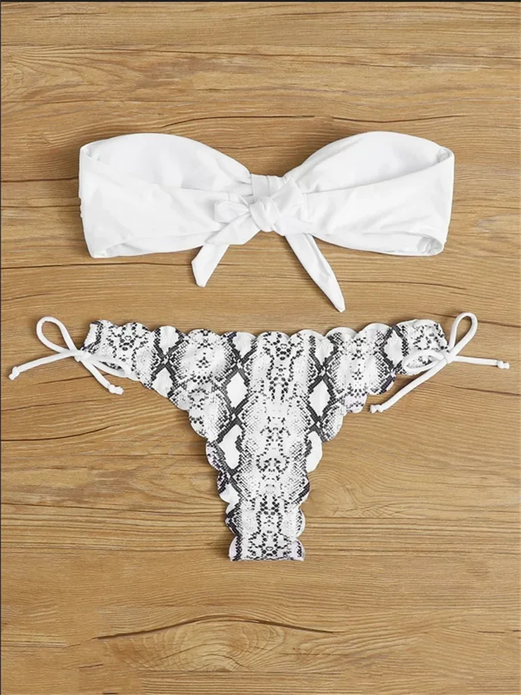 Front Lace Up Tie Bandeau Leopard Swimsuit