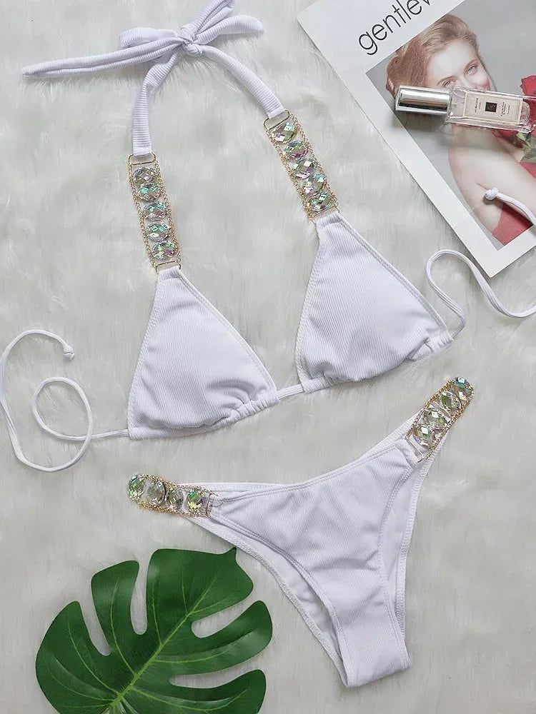 Sexy Metal Chains Halter Diamond Bikini
