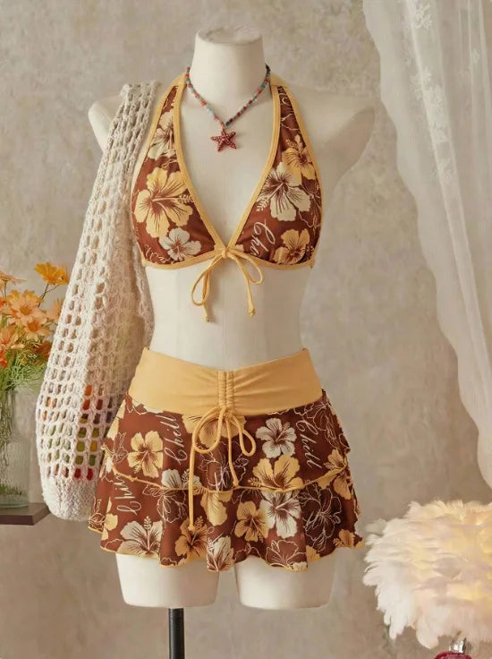 Vintage Pink Floral Print Contrast Bikini Set