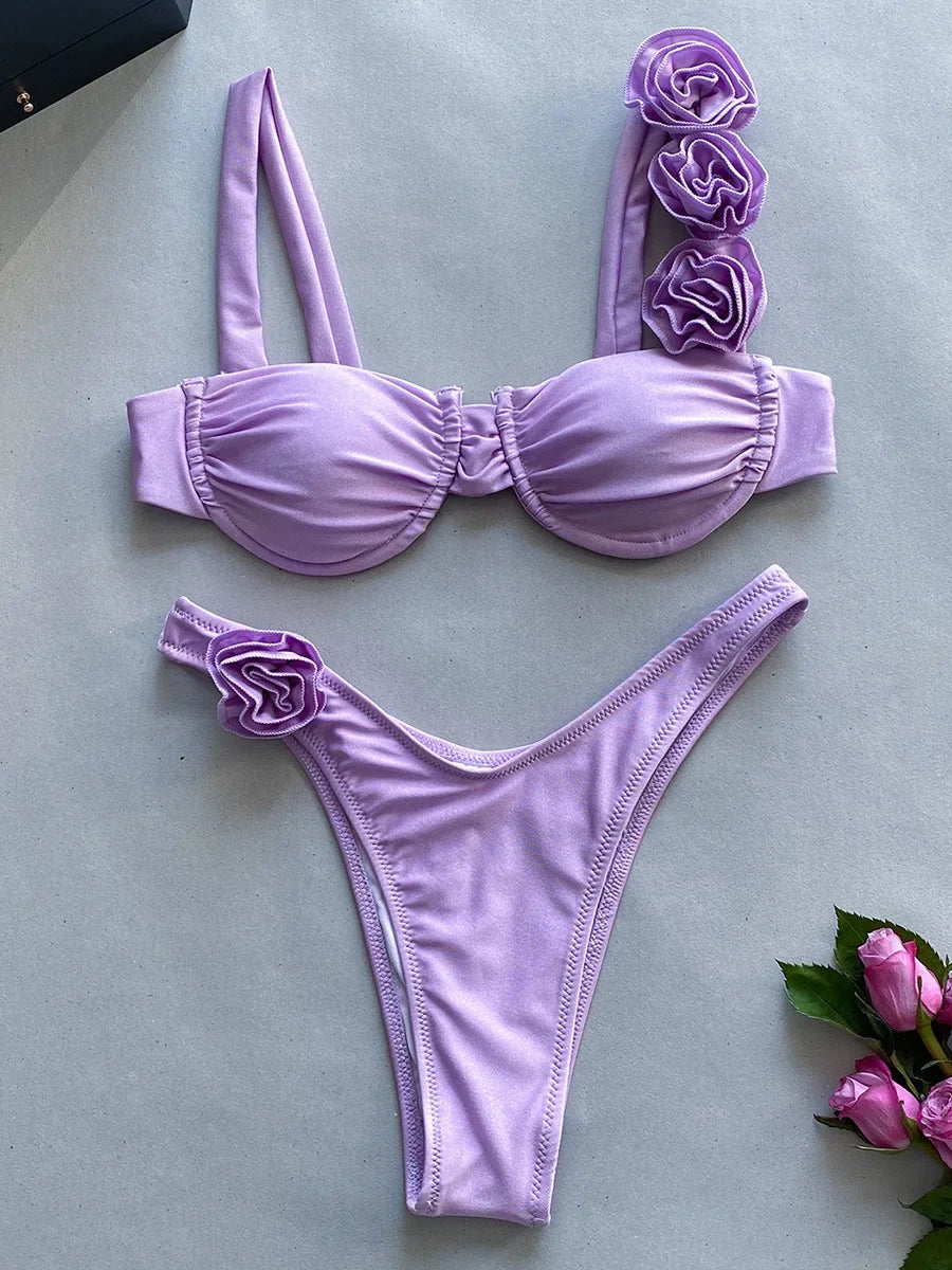 Sexy 3D Flowers Underwired Brazilian Bikini