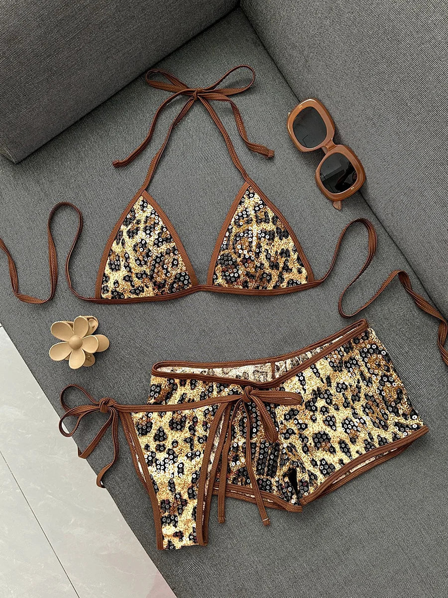 With Shorts Leopard Sequins Bikini