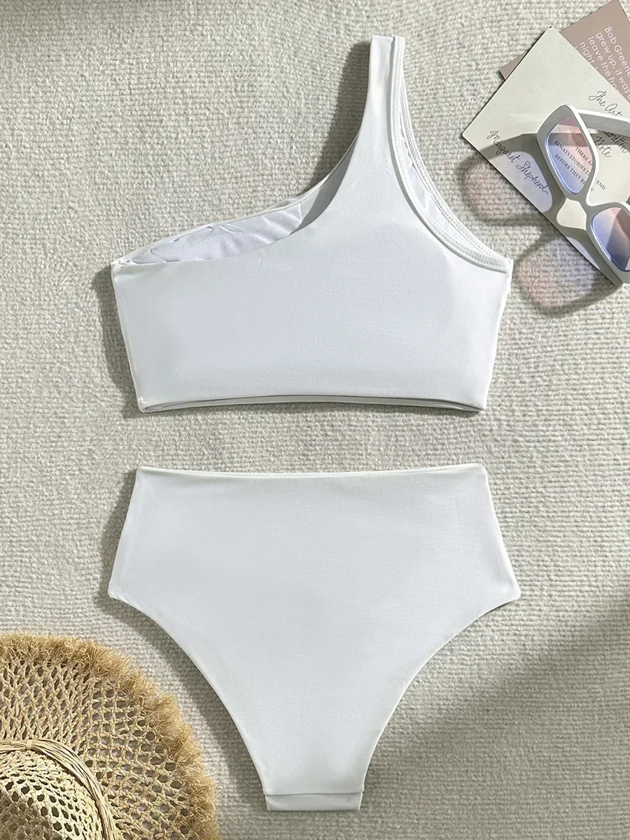 Sexy Wrinkled One Shoulder High Waist Bikini