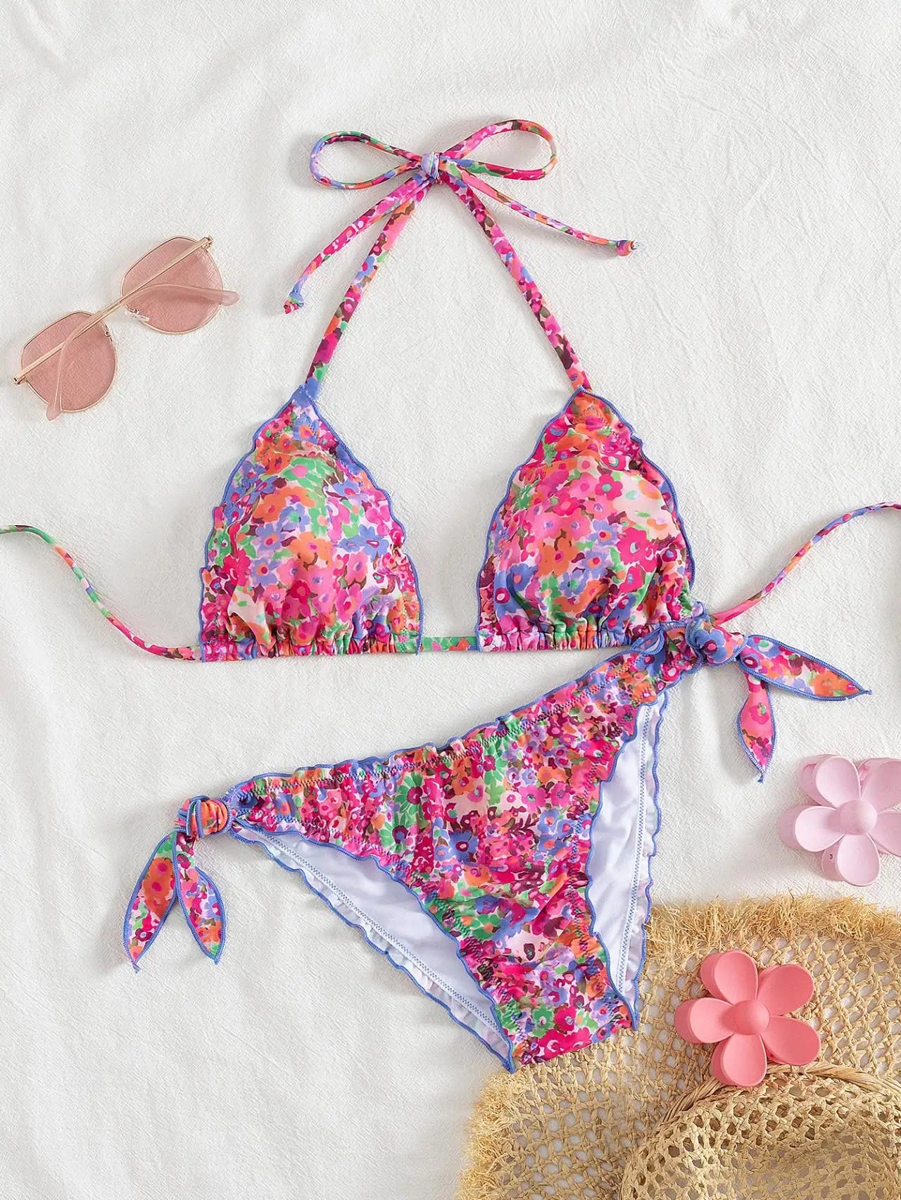 Cute Orange Floral Print Bikini Set