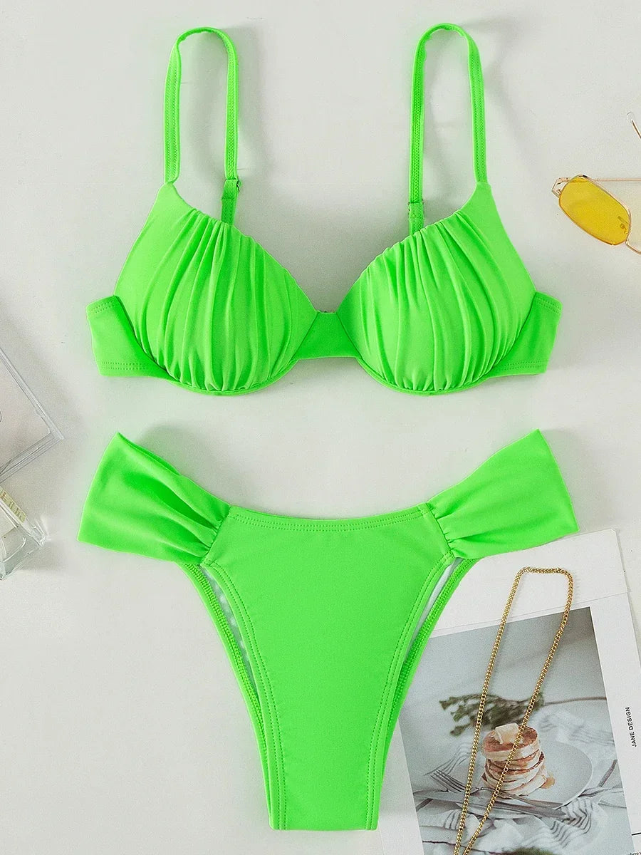 Neon Green Wrinkled Underwired Bra Cup Bikini