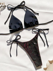 Sexy Shiny Gradient Purple Halter Strappy Bikini