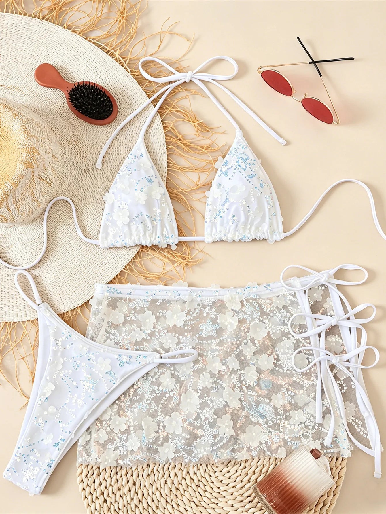 Shiny Sequin Pink Mesh Skirt 3 Piece Bikini Set