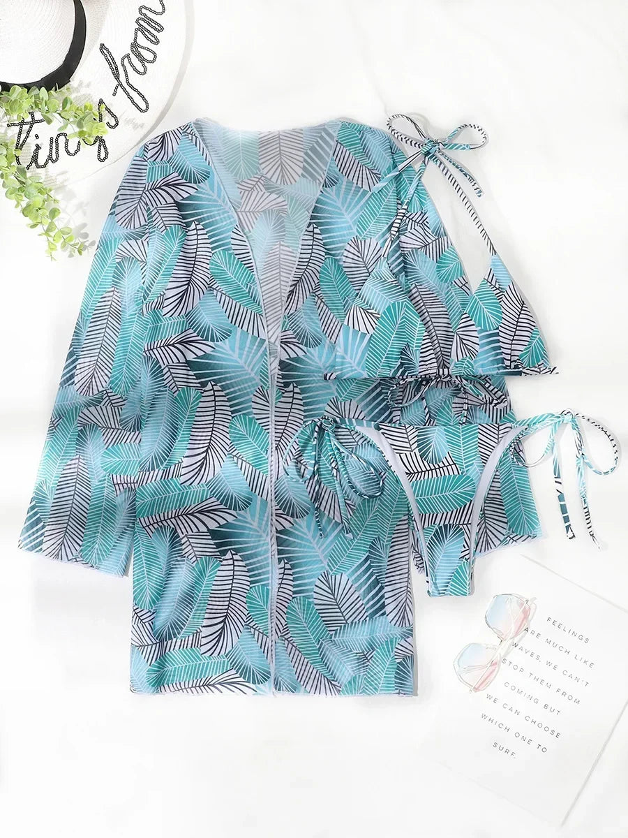 With Cover Up Leaves Printed Bikini
