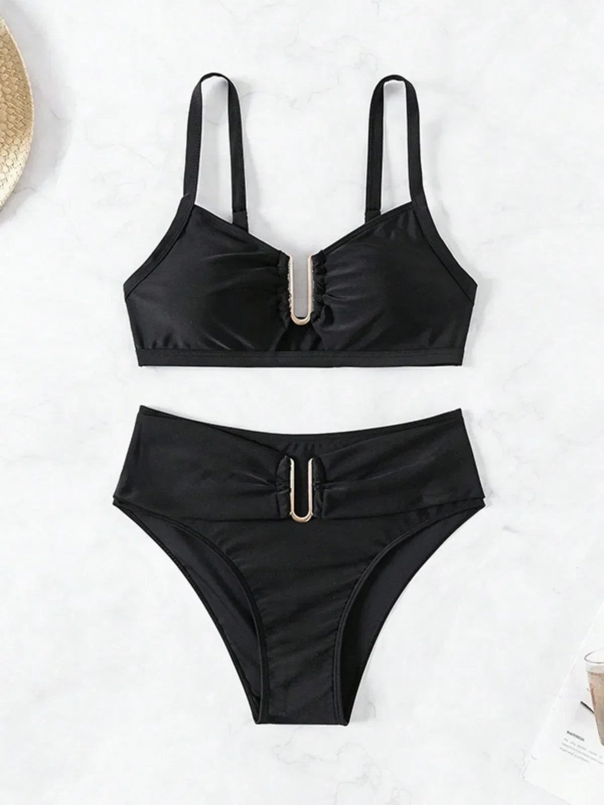 Solid Color High Waist Two Piece Swimsuit