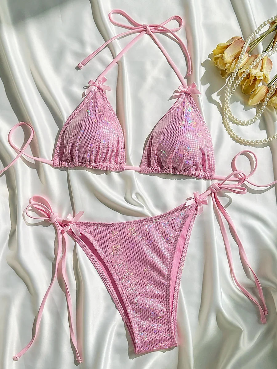 Glitter Sparkling Halter Bow Bikini