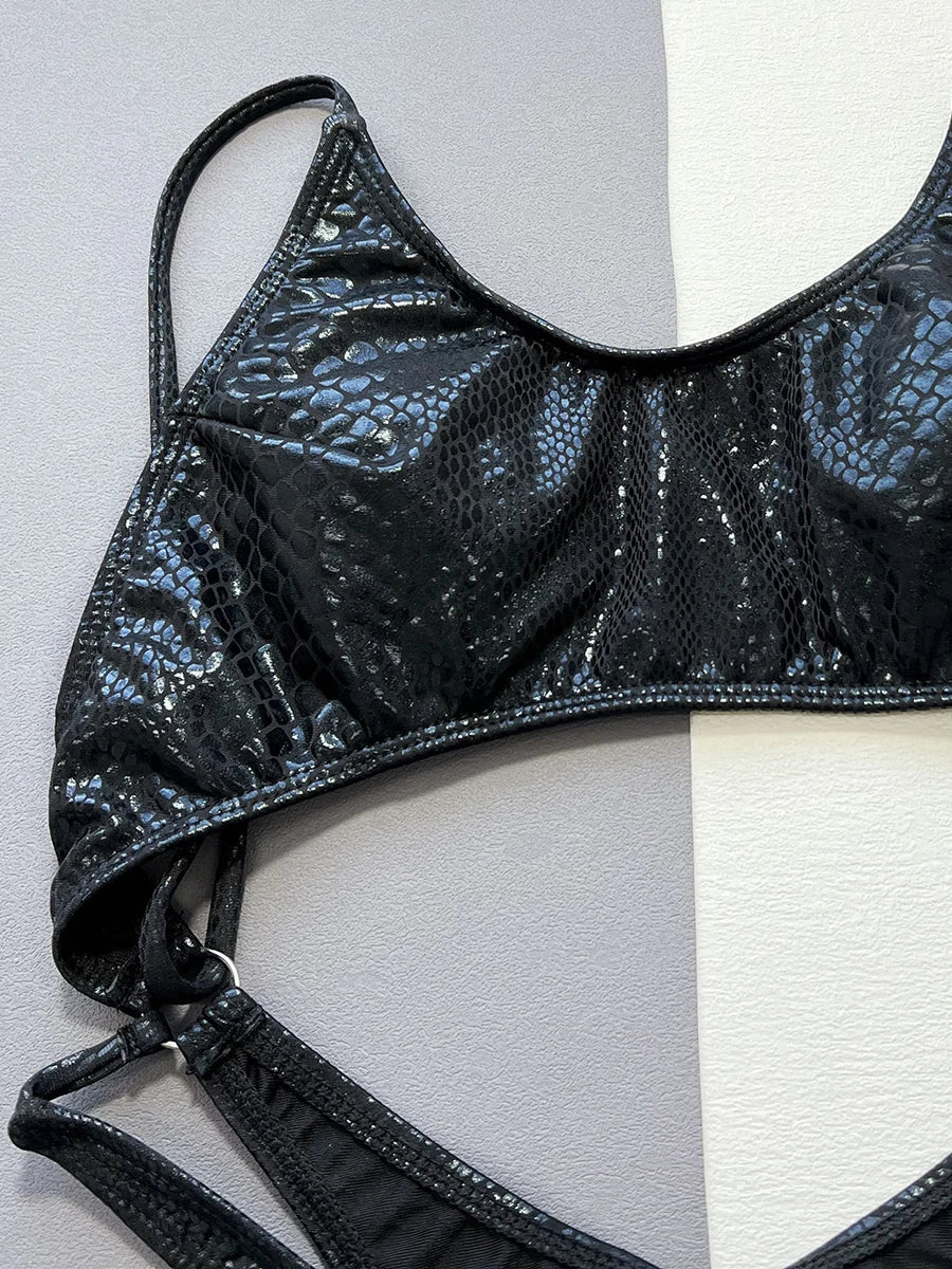 Snake Skin Tummy Cut Out Mini Mirco Thong Female Swimwear One Piece Swimsuit