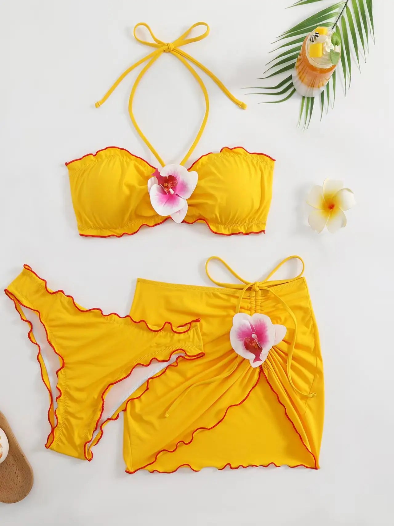 Sexy Yellow 3D Floral Decoration Bikini Set