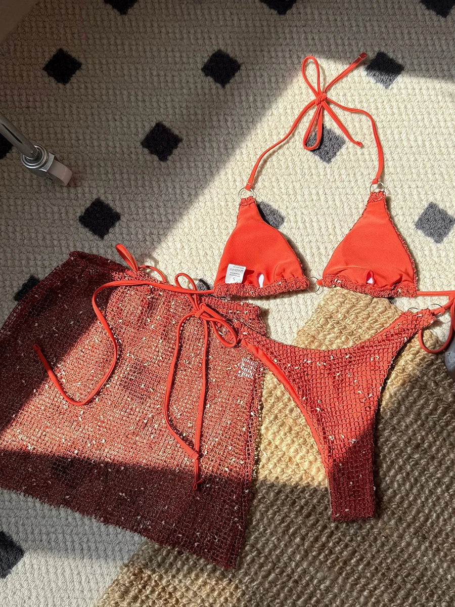 With Mesh Sarong Skirt Halter Bikini
