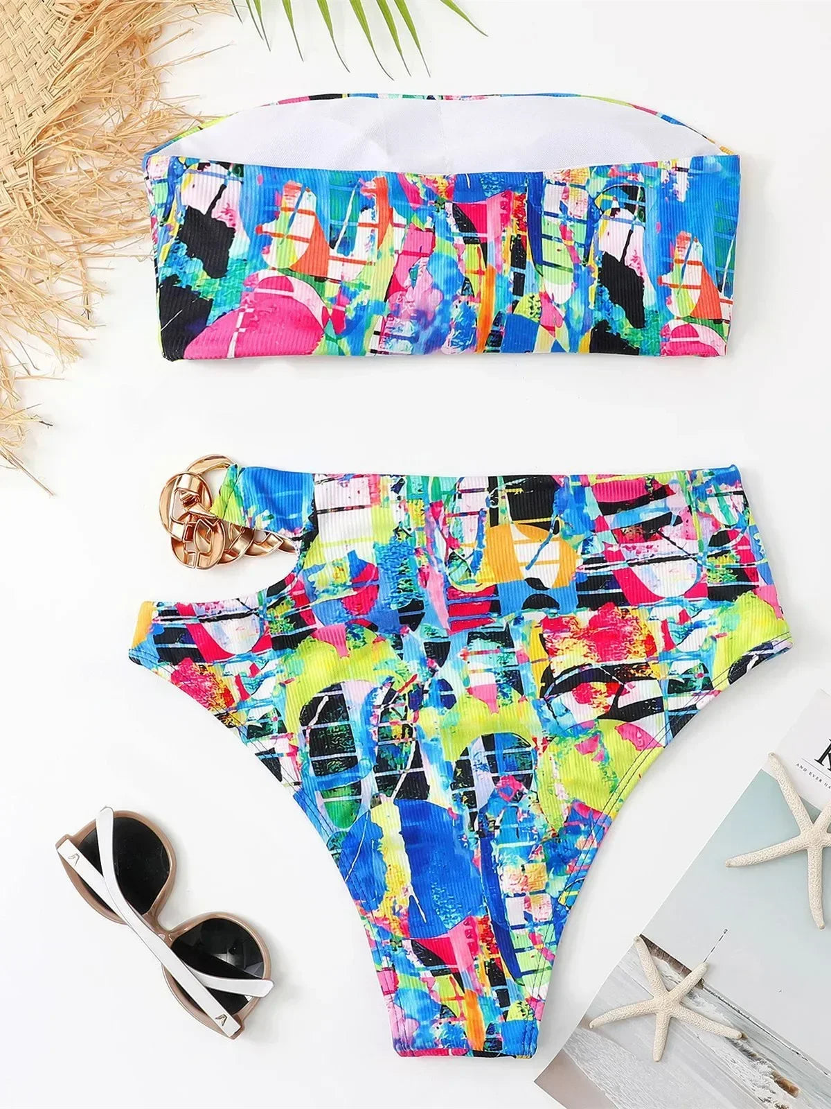 White Black Cut Out Metal High Waist Swimsuit