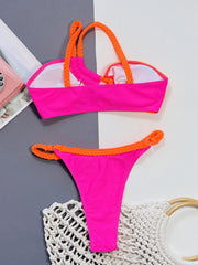 Sexy Orange Hot Pink Contrast Bikini Set