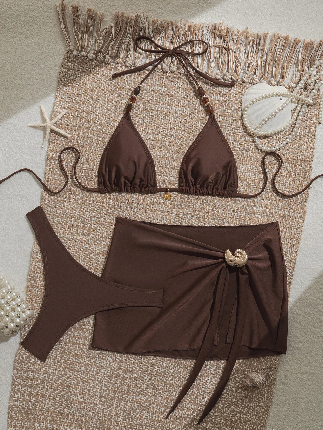 Sexy Coffee Cover Up 3 Piece Bikini Set