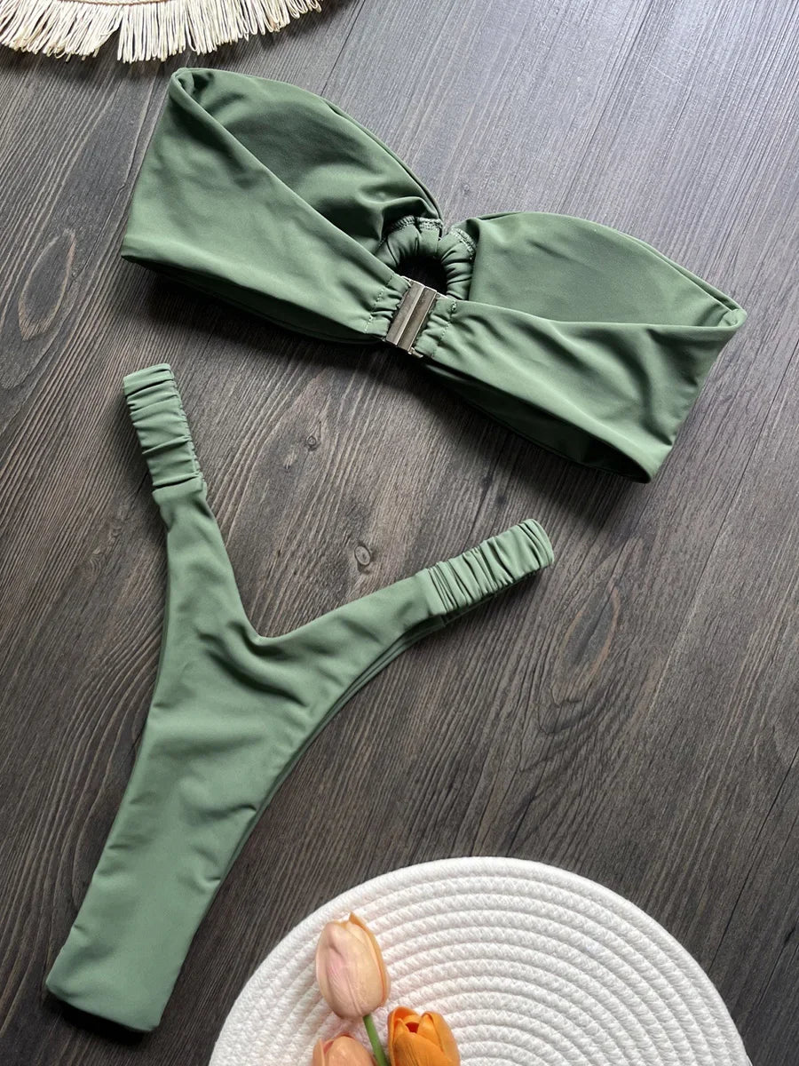 Wrinkled Bandeau High Cut Mini Thong Bikini