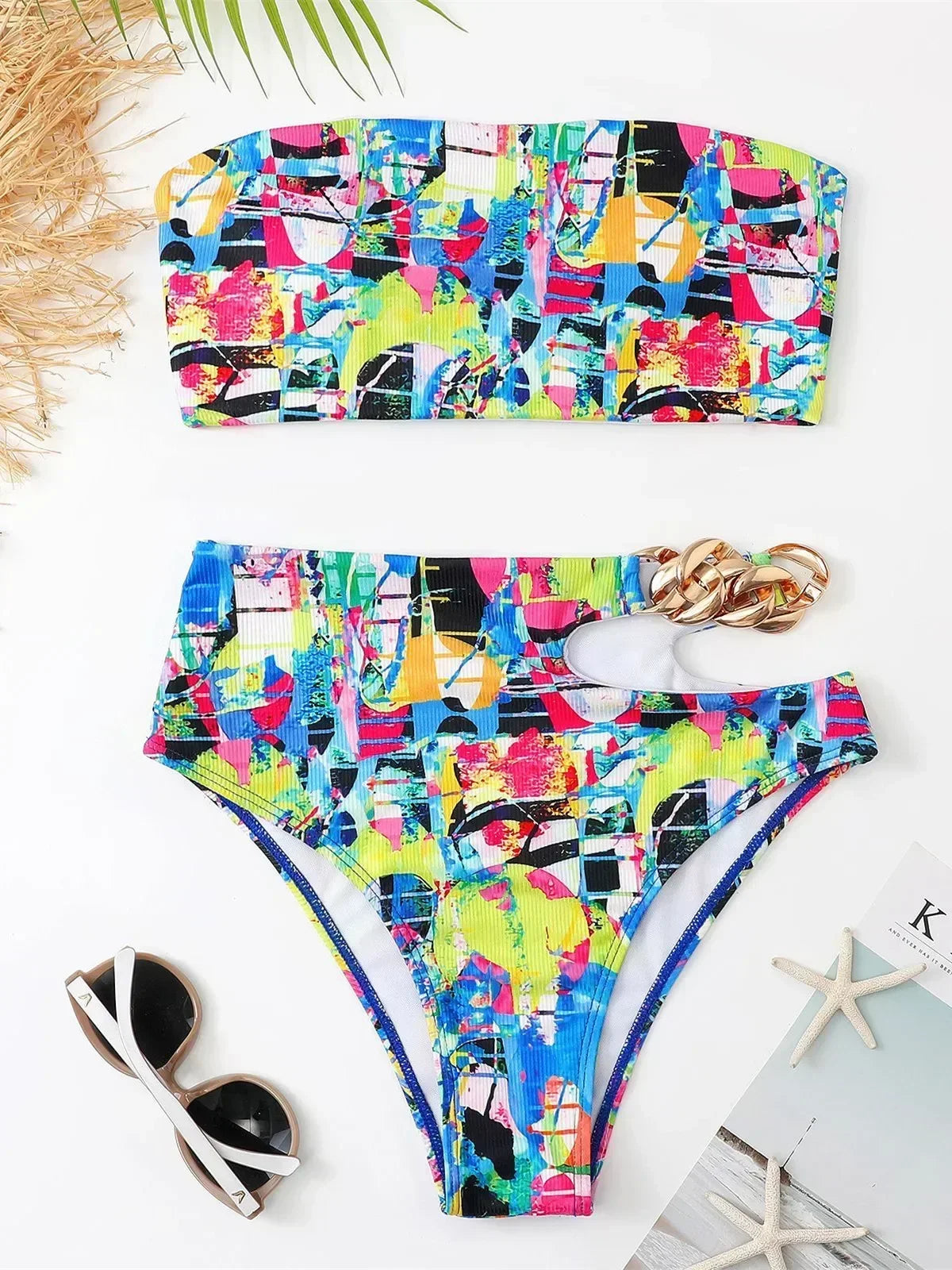 White Black Cut Out Metal High Waist Swimsuit