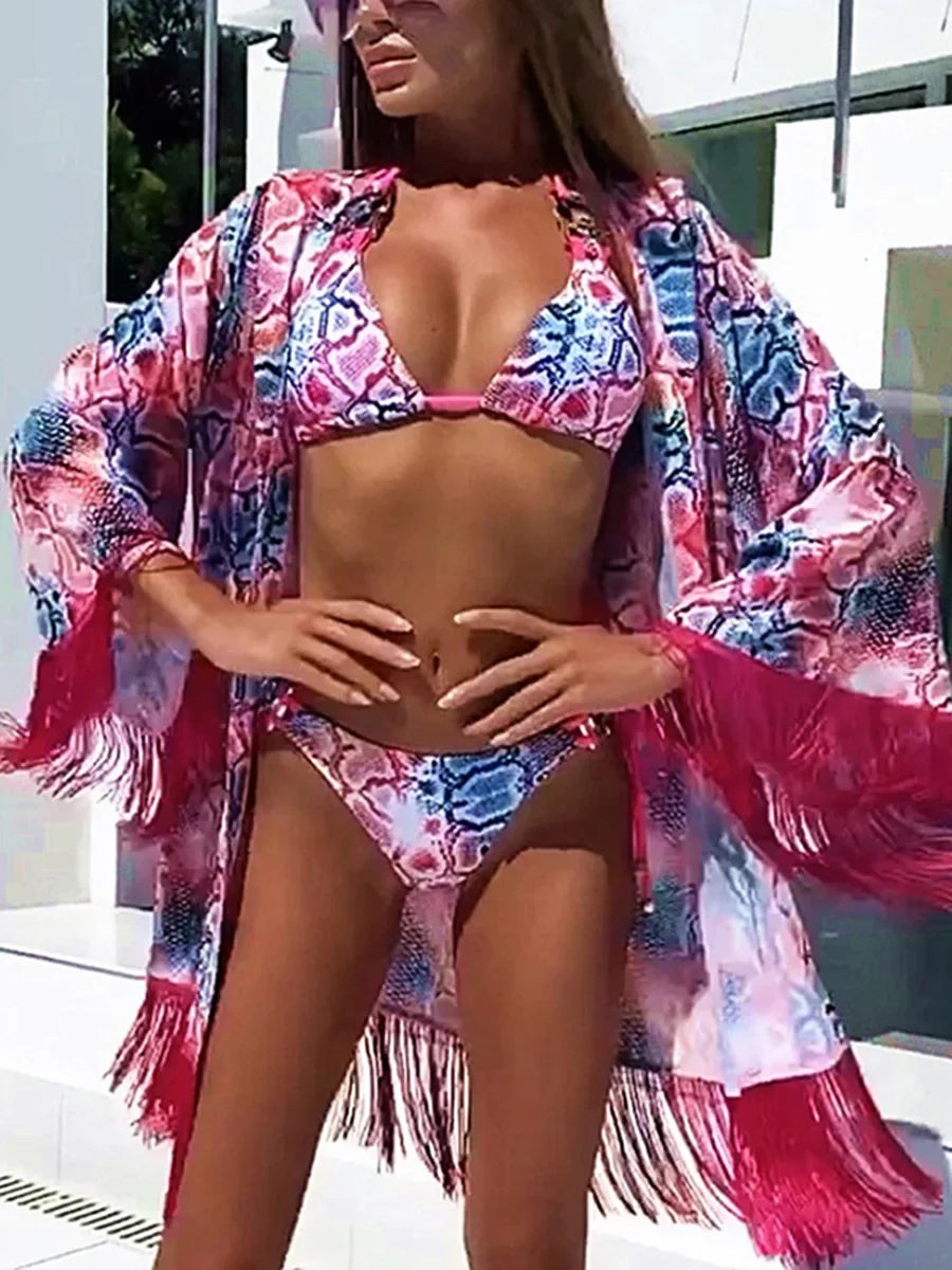 Snake Print Halter Crystal Diamond Bikini