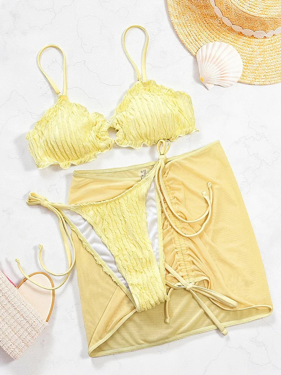 With Mesh Skirt Wrinkled Halter Ruffled Bikini