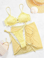 With Mesh Skirt Wrinkled Halter Ruffled Bikini