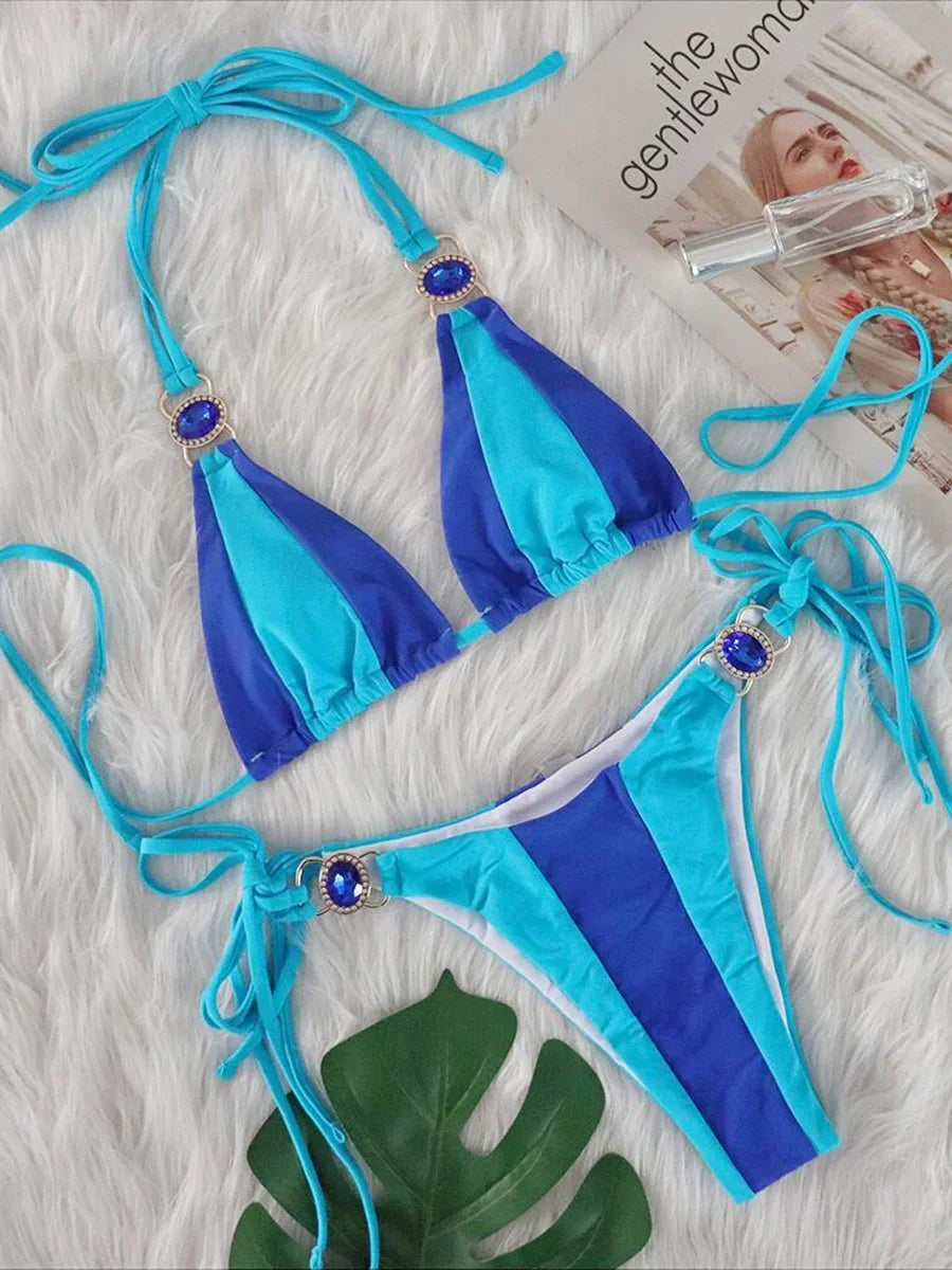 Splicing Halter Jewelled Diamond Bikini