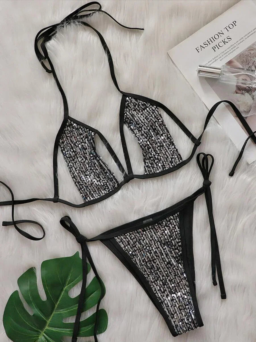 Shiny Sequins Halter Hollow Out Bikini