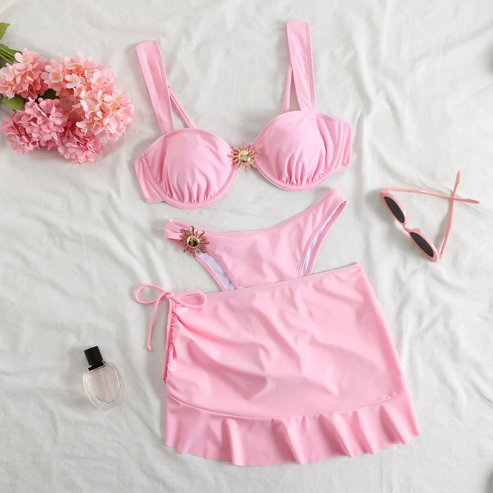 Vintage Ruffes Skirt 3 Piece Swimsuit