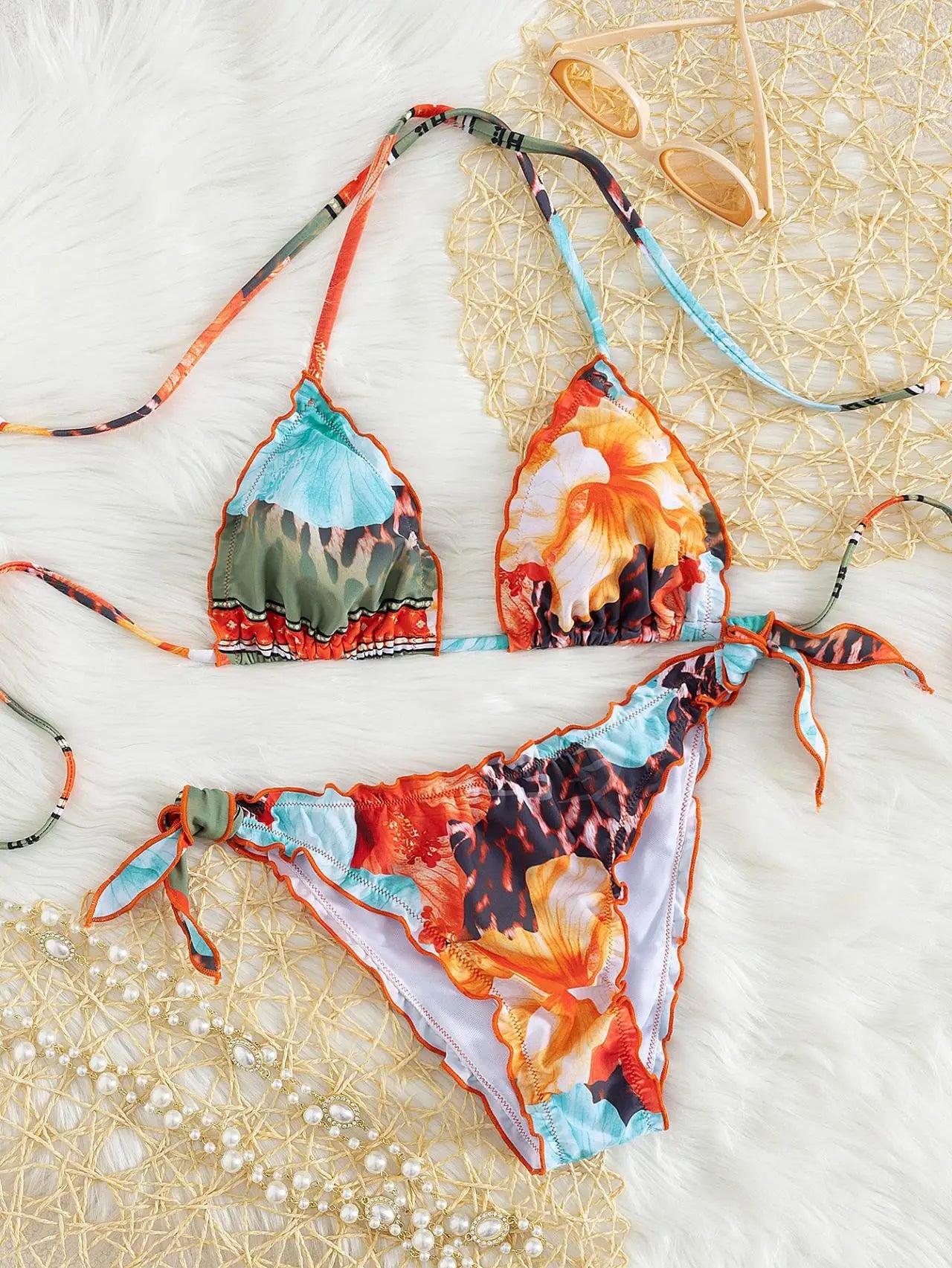 Cute Orange Floral Print Bikini Set