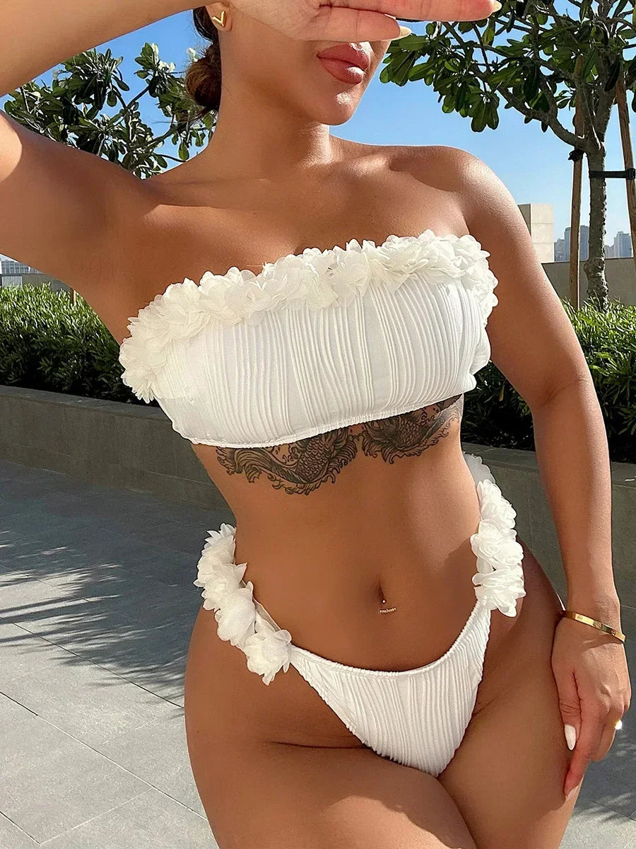Wrinkled Ruffled Frilled Bandeau Bikini