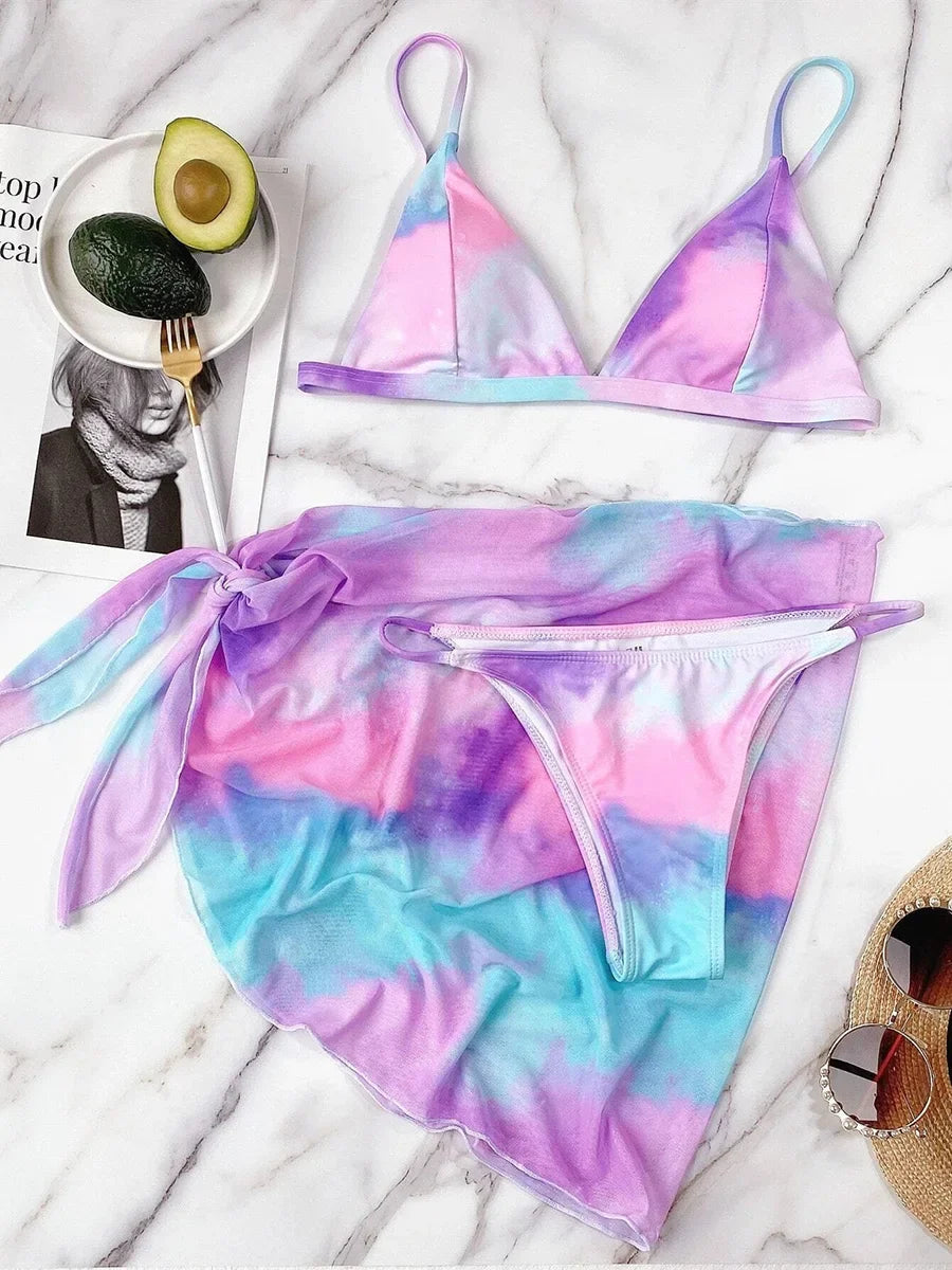 With Mesh Skirt Sarong Tie Dye Micro Bikini
