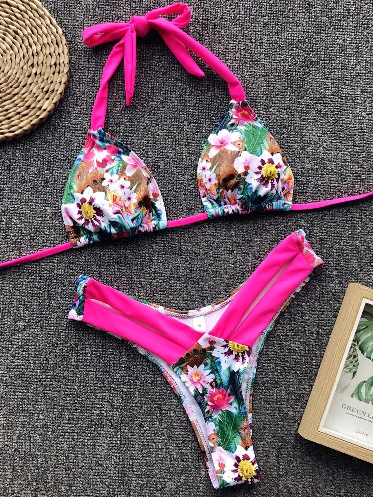 Sexy Splicing Zebra Halter Brazilian Bikini