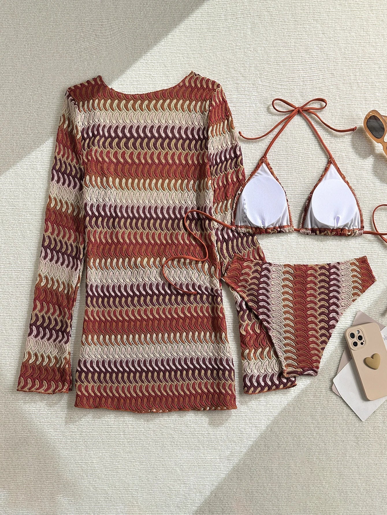 Vintage Coffee Striped Long Sleeve Dress 3 Piece Bikini Set