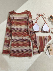 Vintage Coffee Striped Long Sleeve Dress 3 Piece Bikini Set