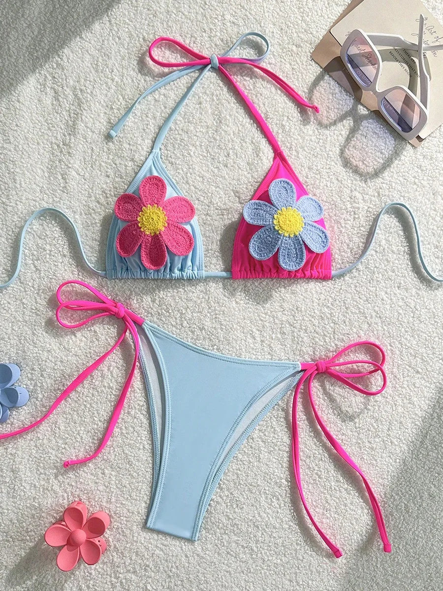 XS - L Splicing Halter 3D Flower Bikini