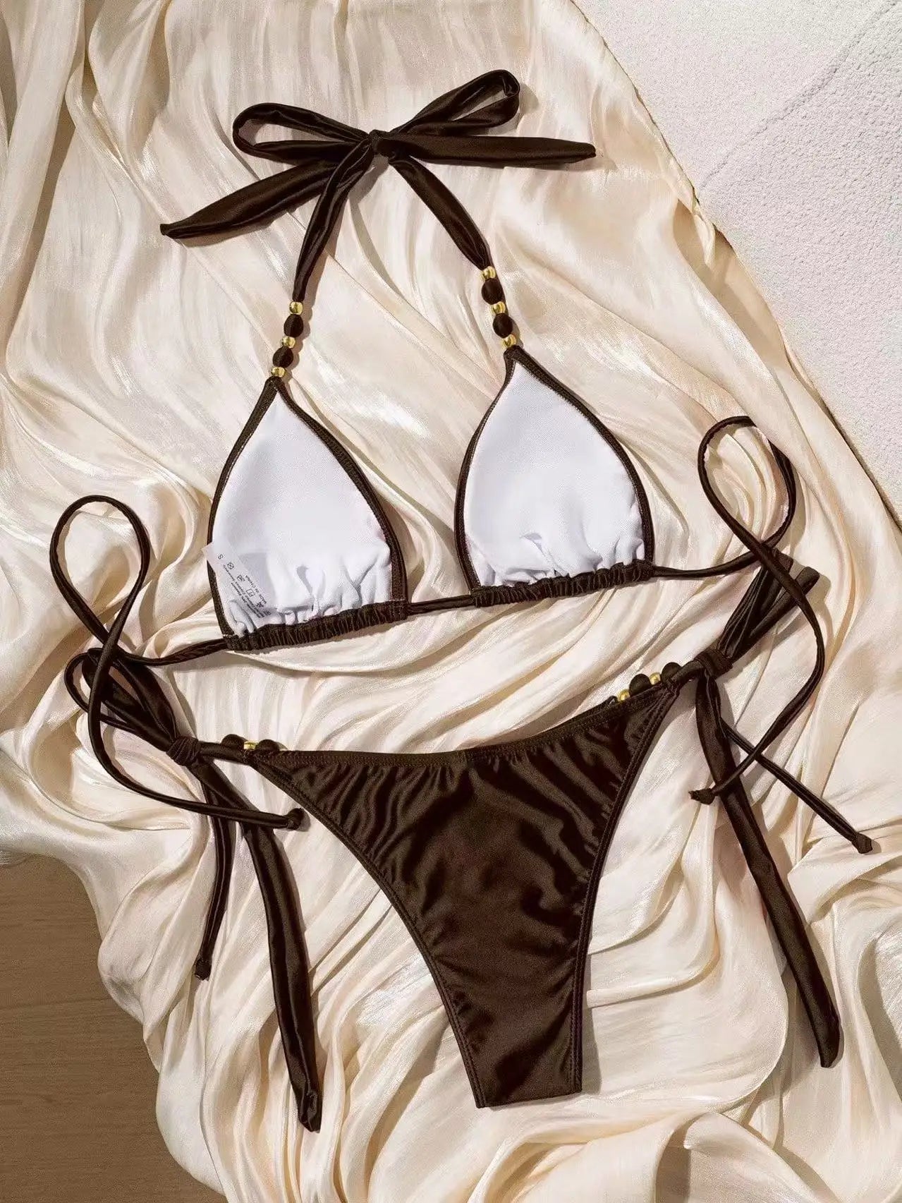 Sexy Coffee Gold Beaded String Bikini Set